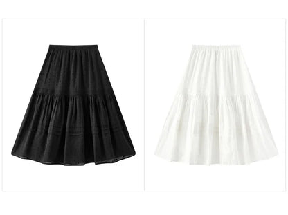 Skirt Women Elastic Waist A-Line Elegant 2025 New Summer Patchwork Lace Polka Dot Long Skirt Graceful for Daily Wear