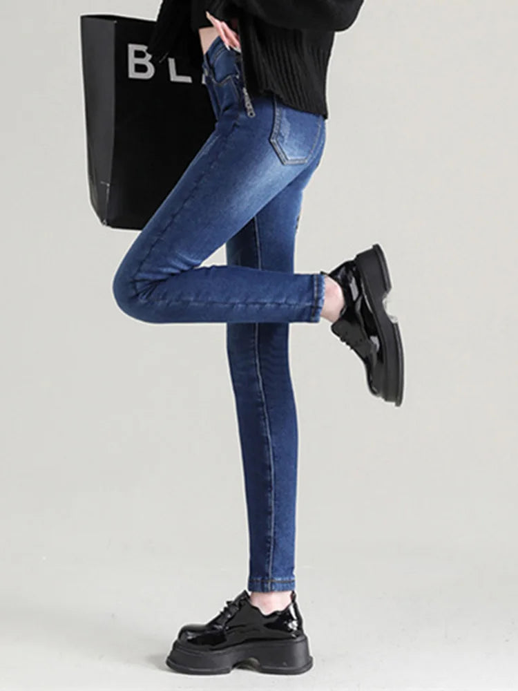 Women Spring Stretchy Skinny Pencil Pants Lady High Waist Vintage Jeans
