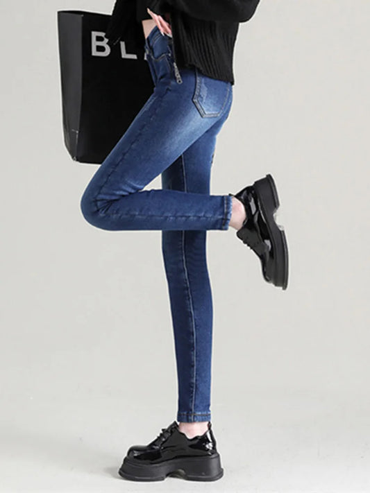 Women Spring Stretchy Skinny Pencil Pants Lady High Waist Vintage Jeans