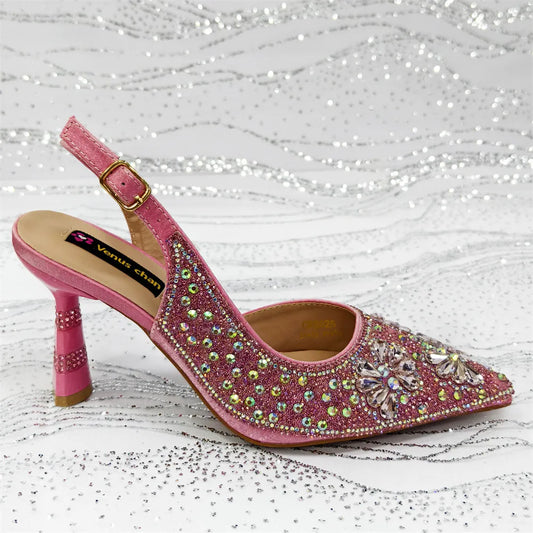 Nigerian Heel Party for Women Pink Color Shoes and Bag Set Rhinestone Handbag Italian Design Wedding INS 2025