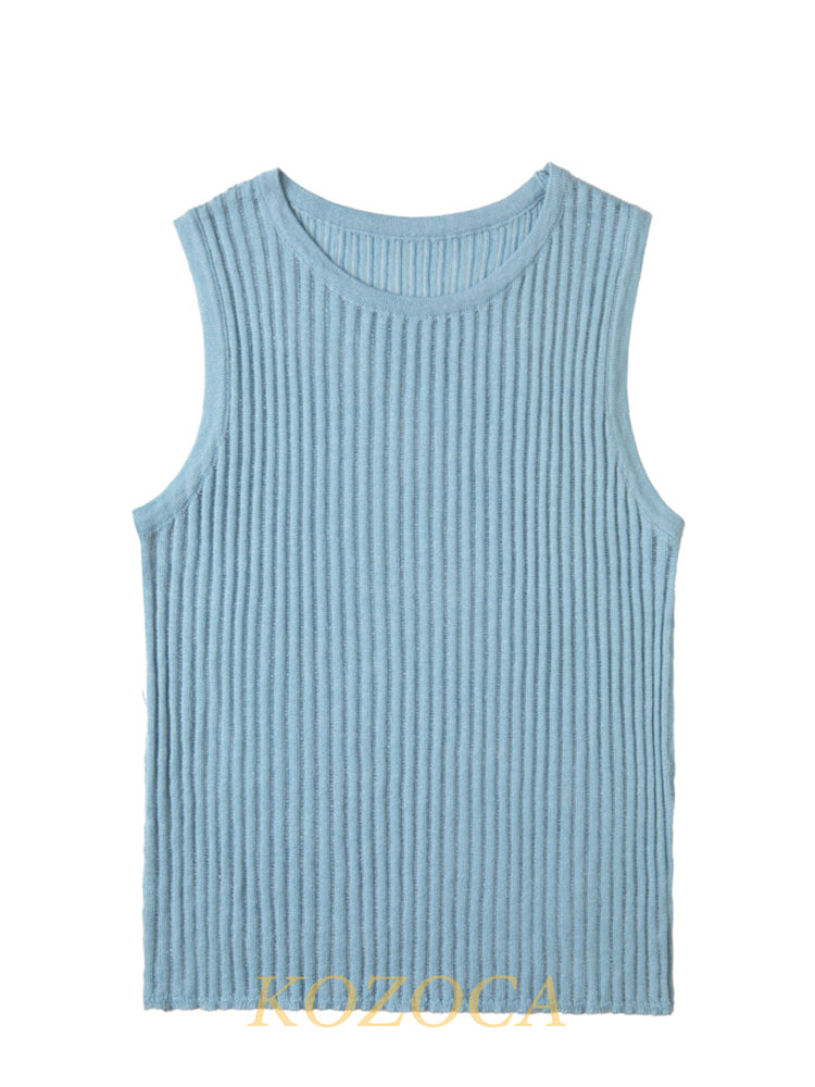 100% Wool Chic Solid Tanks Elegant Striped See Through Hollow Out Women Tops Sleeveless Elastic Tops Club Party Clothes