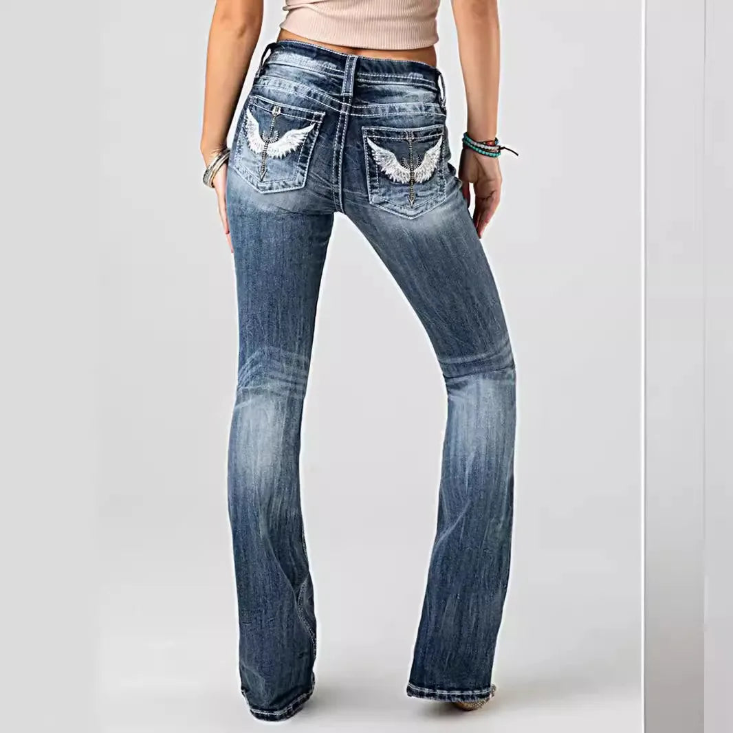 Women Embroidery Pockets Distressed Jeans