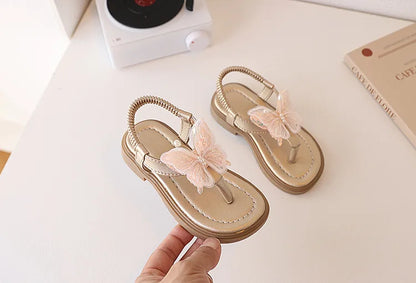 Korean Style Little Girl Sandal Clip-toe Children's Princess Beach Slippers Sweet Lace Butterfly Kids Fashion Flat Sandals New