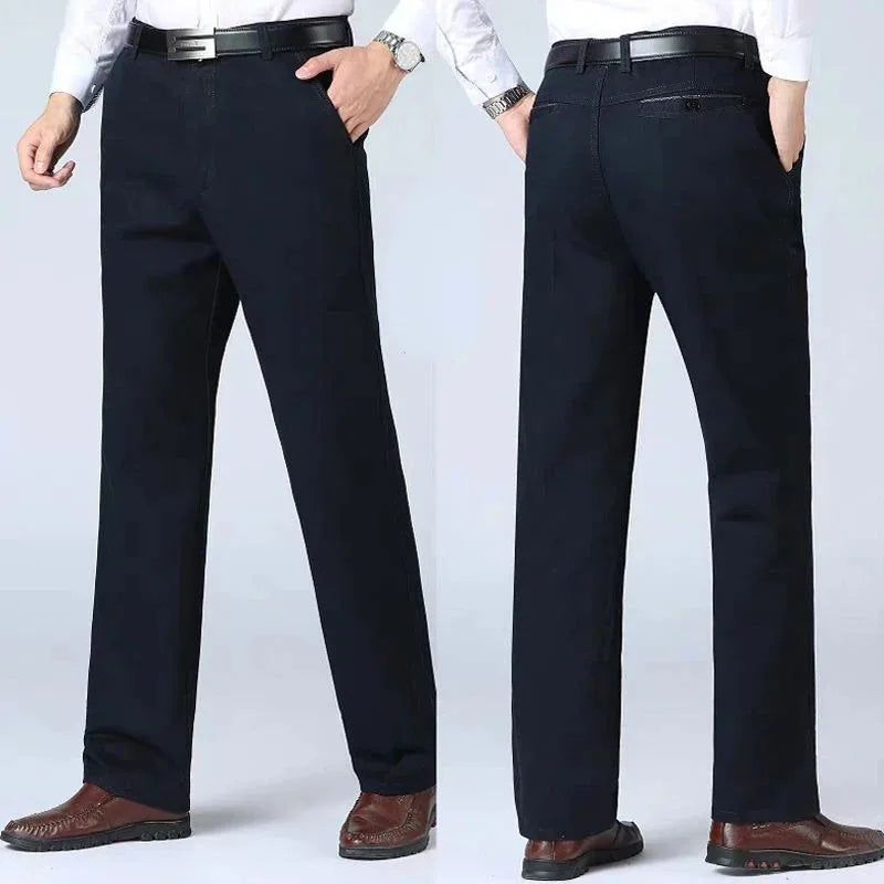 Men's 100% Cotton Summer Thin Autumn Thick Suit Pants Straight Loose Trousers Business Solid Khaki Casual Brand Clothes GOZBKF