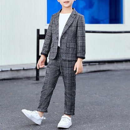 Boys Plaid Slim Fit Casual Suits Set Child Spring Autumn Performance Piano Photography Costume Kids Blazer Pants Outfit