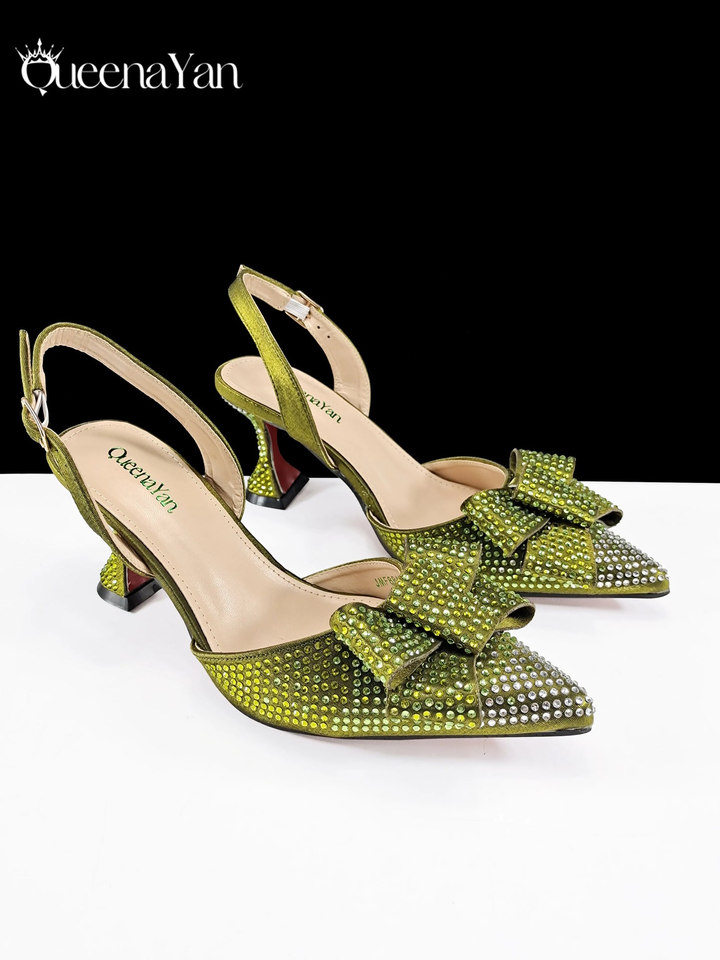 Newest Full of Rhinestone Design Olive Color Lady Sheos and Metal Bead-Embellished Handbag Set for Parrt Wedding