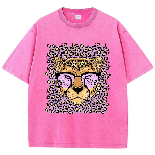 Vintage Womens Acid Wash T-Shirts Leopard Cartoons Printing Tees Crewneck Cotton Oversize Short Sleeve Fashion Female Clothes