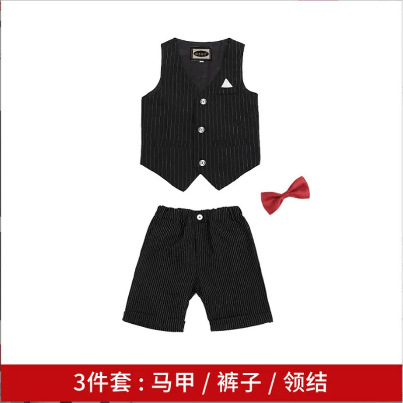 Boys Formal Birthday Photograph Suit Kids Summer Vest Shirt Short Bowtie Wedding Dress Teenager Suit Children Graduation Costume