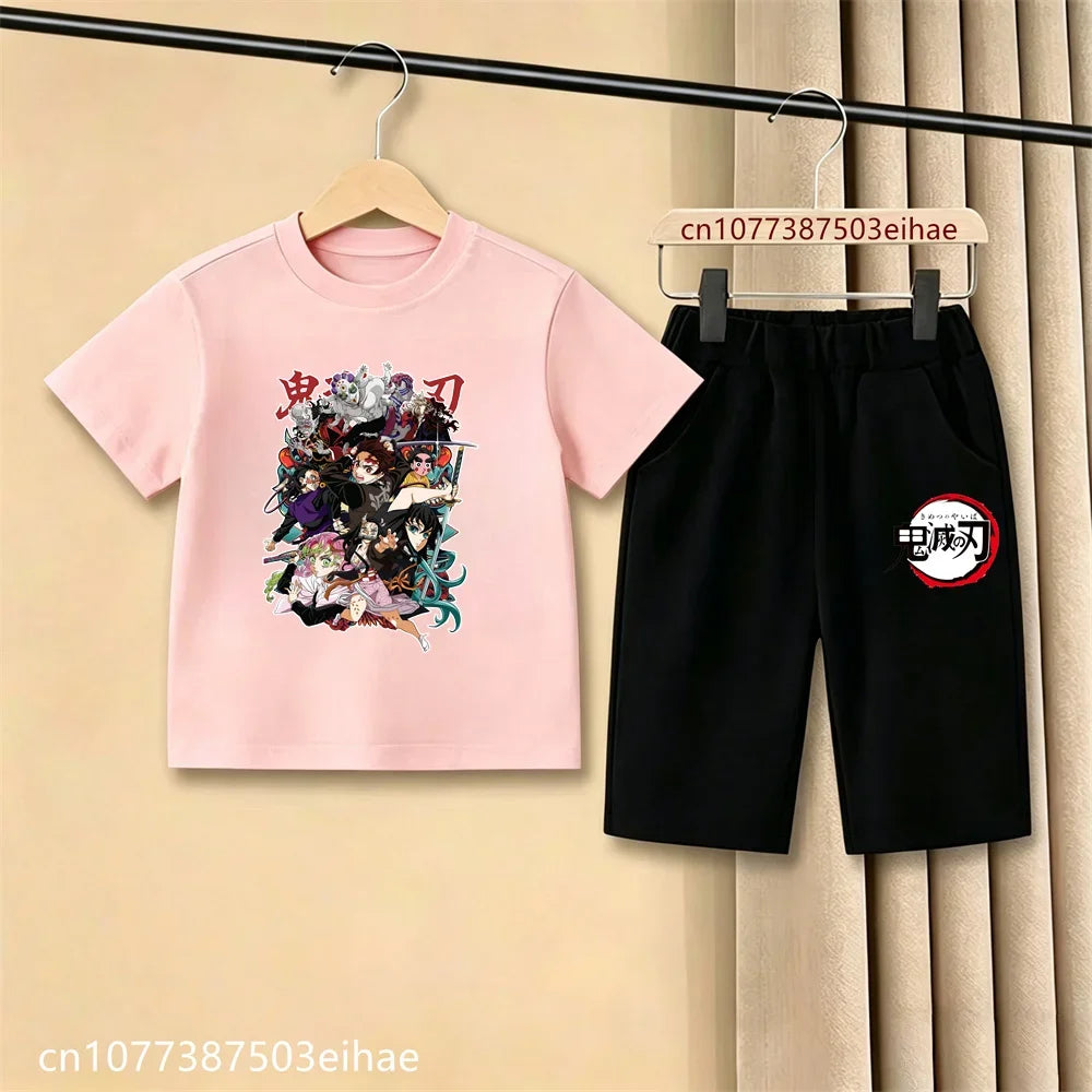 Demon Slayer Ghost Blade Character Print Kids T-Shirt Casual Shorts Anime Comic Design Summer Comfortable Daily Wear Outfit Set