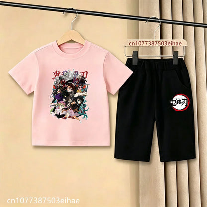 Demon Slayer Ghost Blade Character Print Kids T-Shirt Casual Shorts Anime Comic Design Summer Comfortable Daily Wear Outfit Set