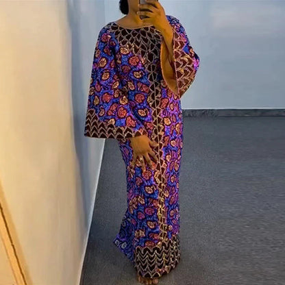 Bohemian Party Dress Elegant Women Printing Sundress Vintage Flare Long Sleeve Maxi Vestidos Oversized O-Neck Robe Femme