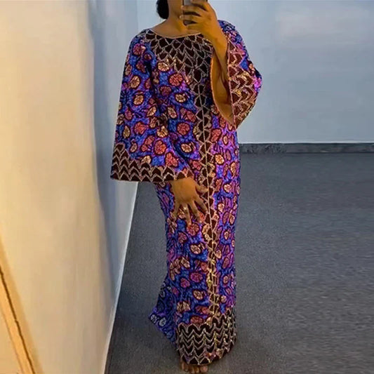 Bohemian Party Dress Elegant Women Printing Sundress Vintage Flare Long Sleeve Maxi Vestidos Oversized O-Neck Robe Femme