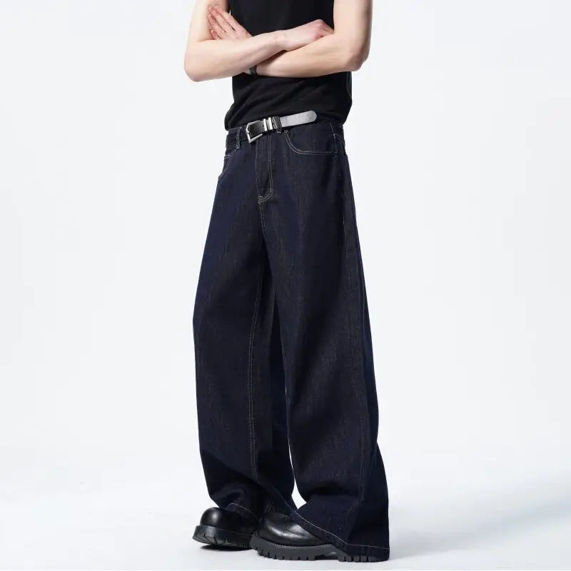 Calça Jeans Masculina Azul Escuro Solta Comprida Reta Clássica De Comprimento Do Chão Atacado Venda Quente Minimalista Casual Streetwear