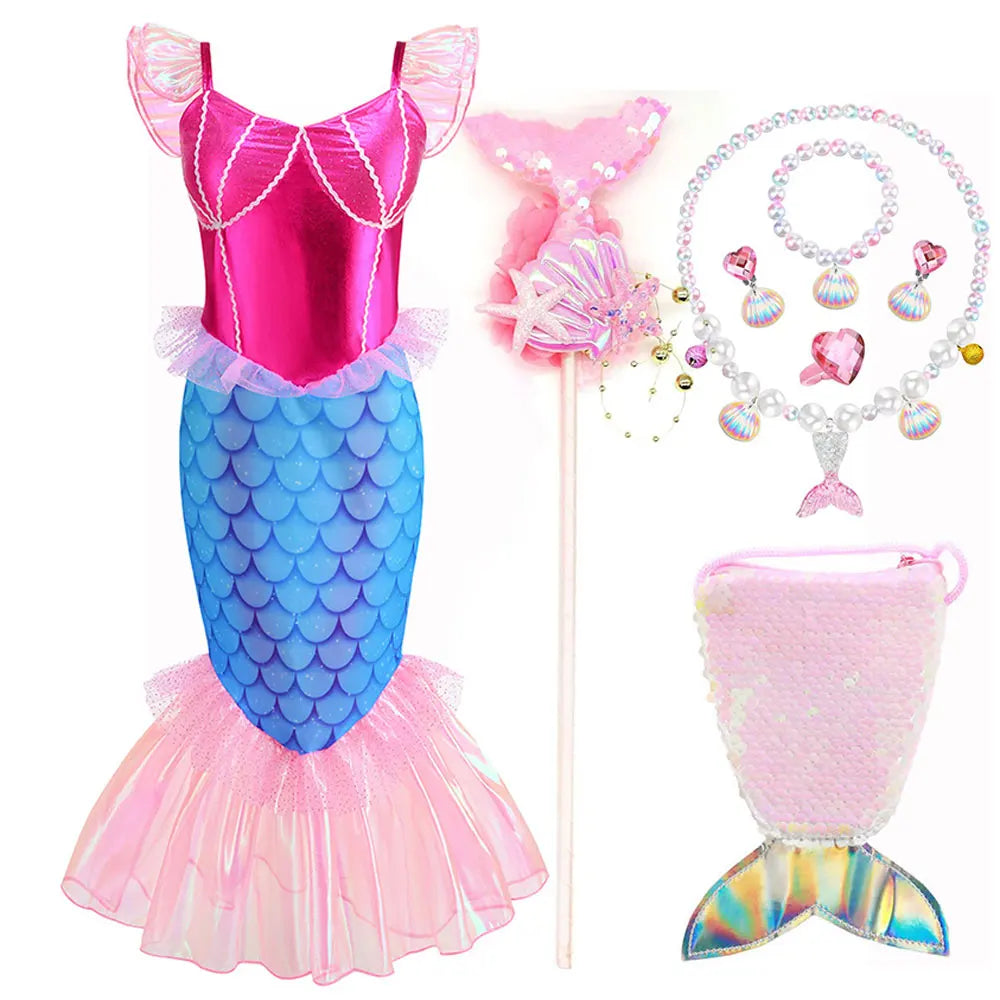 Blue Red Purple Three Colors Mermaid Flying Sleeve Fishtail Beautiful Dress For Girl Summer Beach Party Cool Swimsuit Set