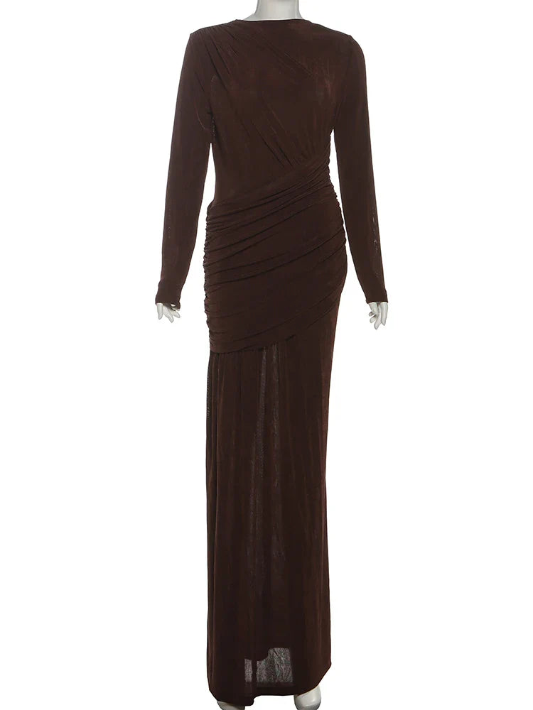 Maxi Dress Women o-Neck Full Sleeve Solid Banquet Elegant Vacation Fashion Autumn Skinny Casual Simple Vestido
