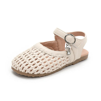 2026 Summer New Girls Woven Princess Shoes Cute Soft Sole Closed Toe Sandals Korean Style Kids Beach Shoes