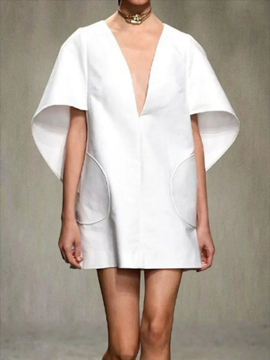 Fashion Black White Color Short Dress For Women 2025 New Spring Deep V-neck Half Sleeves Loose Prom Party Mini Dresses