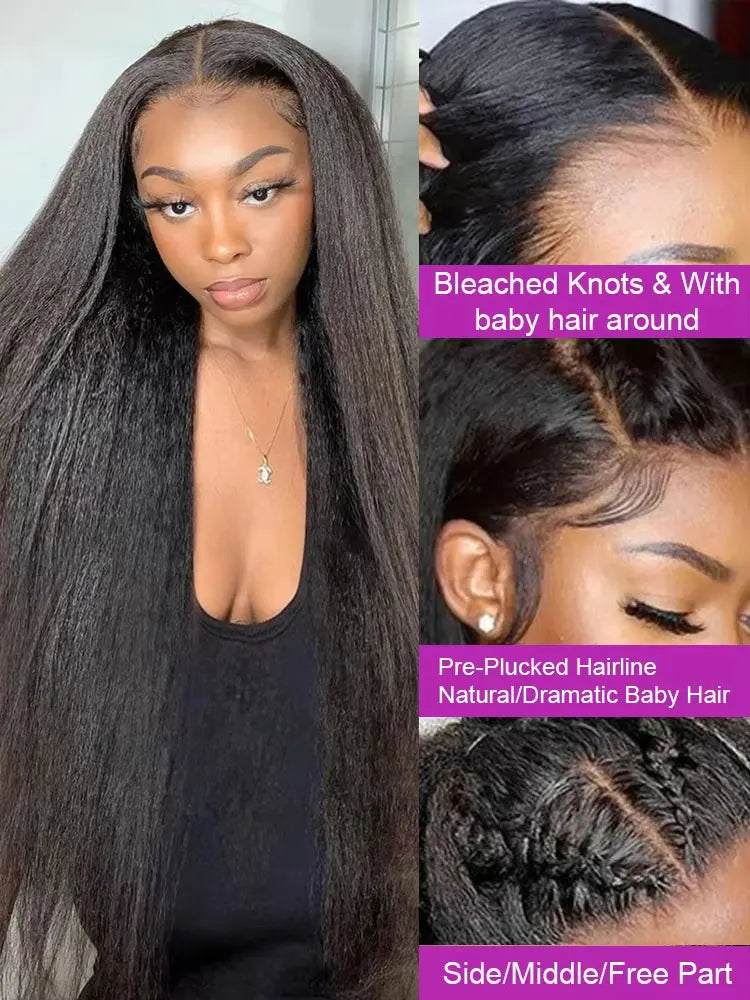 5x5 Kinky Straight Glueless Wigs Pre Cut Lace Kinky Straight Lace Front Wig  Yaki Straight Human Hair Wig For Woman 250% Density