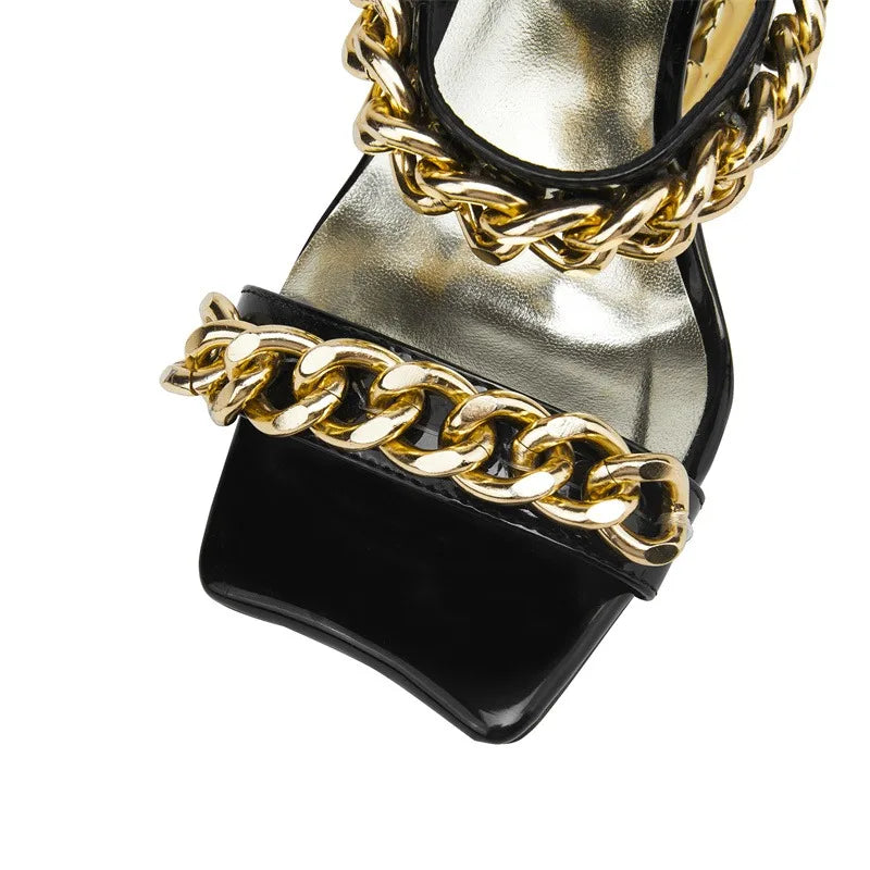 Big Gold Chain Peep Toe Tiger Teeth Heel Sandals 2024 New Fashion Silvery Beach Party Outdoors Women's Slippers Size 35-43
