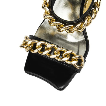Big Gold Chain Peep Toe Tiger Teeth Heel Sandals 2024 New Fashion Silvery Beach Party Outdoors Women's Slippers Size 35-43