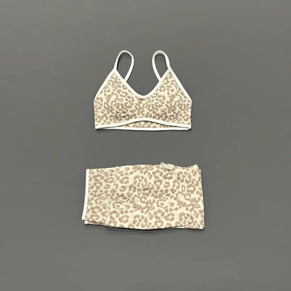2 Pieces Leopard Print Sports Set Women Seamless Yoga Bra & High Waist Scrunch Butt Shorts Gym Workout Slim Fit Outfit