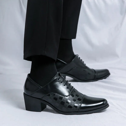 Elegant Mens Dress Shoes Retro Brown Pointed Toe Leather Shoes For Man British Style 6cm High Heeled Shoes Men zapatos de hombre