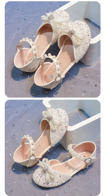 2026 Girls' Princess Shoes Spring And Summer Sandals White Flat Dress Shoes Pearl Decoration For Kids And Teens
