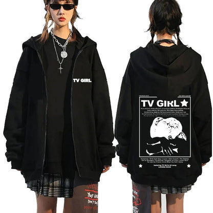 TV Girl Who Really Cares Graphic Print Zipper Hoodie Men Women Fashion Casual Oversized Zip Up Jacket Male Fleece Sweatshirts