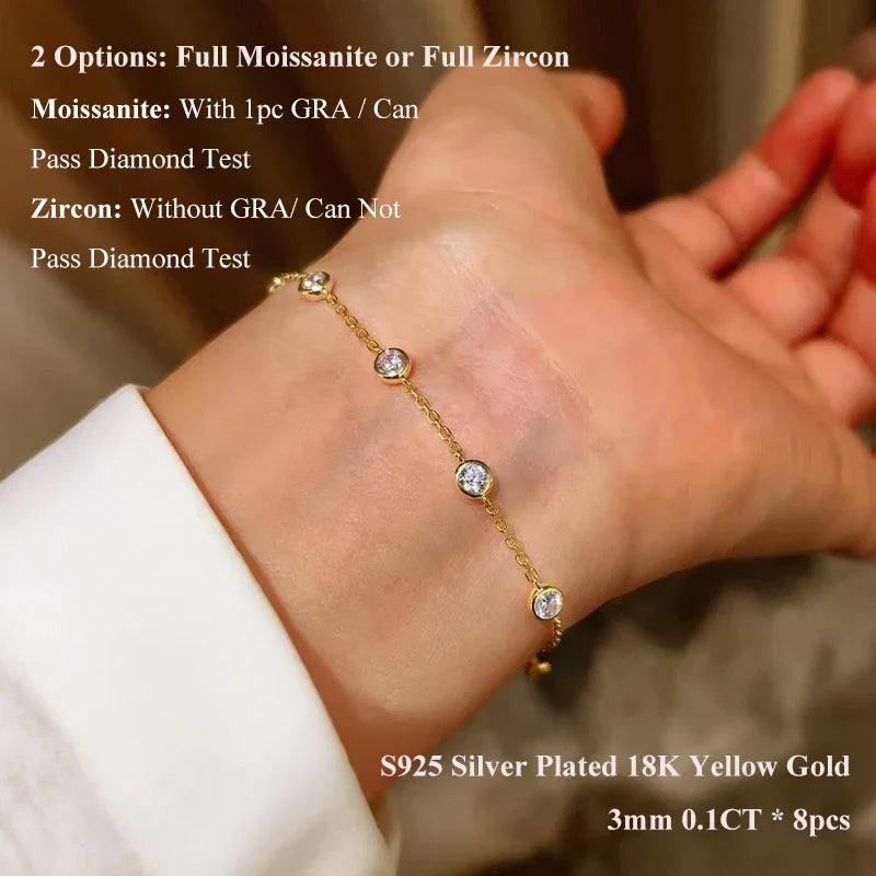 Full 0.1CT 3mm D Color Moissanite Diamond Link Bracelet for Woman 925 Silver Plated 18k Adjustable 15-20cm Chain Bracelets