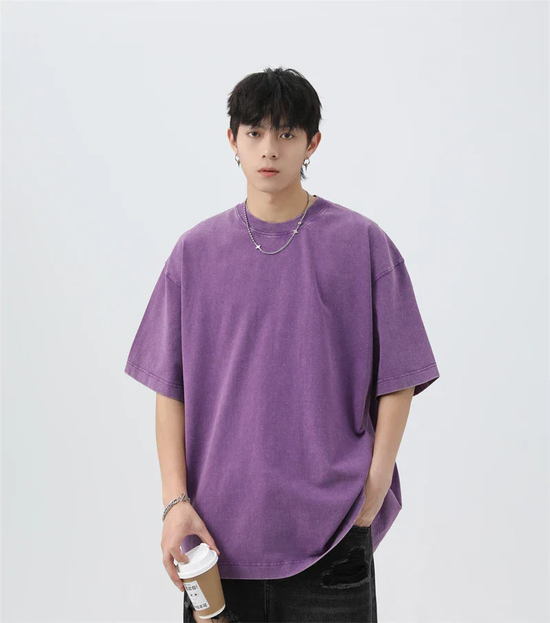 Japanese Korean Style Stir Fried Snowflake Washed T-Shirts Men Women Cotton Heavyweight Summer Hip Hop Streetwears Short Sleeved