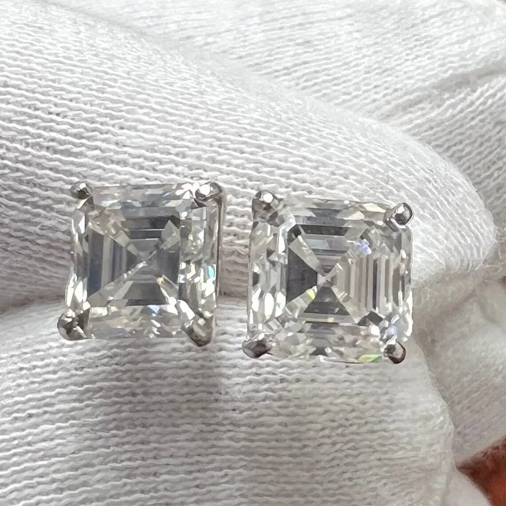 1/2/3CT Asscher Cut Moissanite Stud Earrings with Certificate Square Solitaire Lab Diamond Earring for Women 925 Silver Jewelry