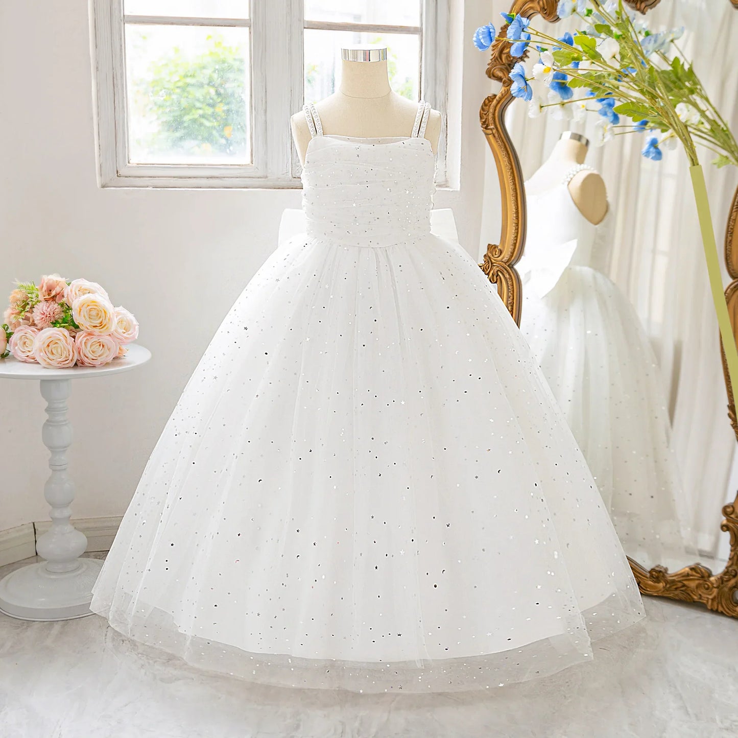 Elegant Sequins Bridemaids Girl Dress Summer Big Bow Tulle Wedding Princess Party Prom Dresses Girls Birthday Evening Ball Gown