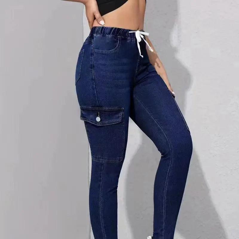 Women's multi-pocket elastic jeans, high-waisted skinny ankle jeans