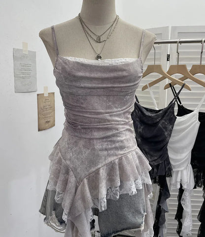 Summer Y2K Camisole for Women Casual Spaghetti Straps Double Layers Lace Stretch Mesh Patchwork Asymmetrical Slim Tops