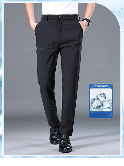 Summer Thin Stretch Trousers Men Elastic Waist Korean Classic Black Gray Blue Business Casual Formal Pants Male Brand