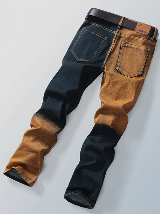 Men's Gradient Color Hole Denim Pants High Street Spliced Vintage Long Trousers Trendy Straight Leg Pants