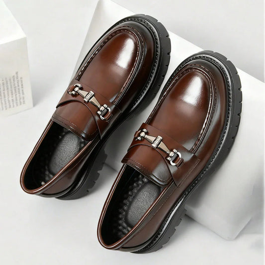 Europe Fashion Thick Sole Men's Penny Loafers Slip-On Business Dress Shoes Gentleman Glossy Buckle Formal Party Black Shoes