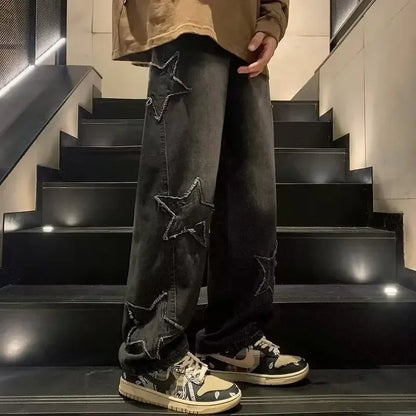 Star Embroidered Straight Casual Men's Jeans Y2K Gothic Unisex New Wide-leg Loose, Comfortable Fashionable Youth Street Jeans