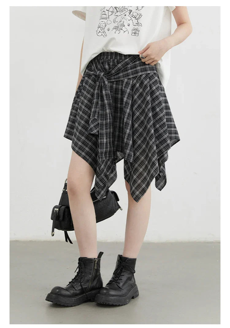 Women Skirts A Line Elastic Waist Strap Ties Irregular Plaid Half Length Skirt Female Short Skirt Woman Summer 2025