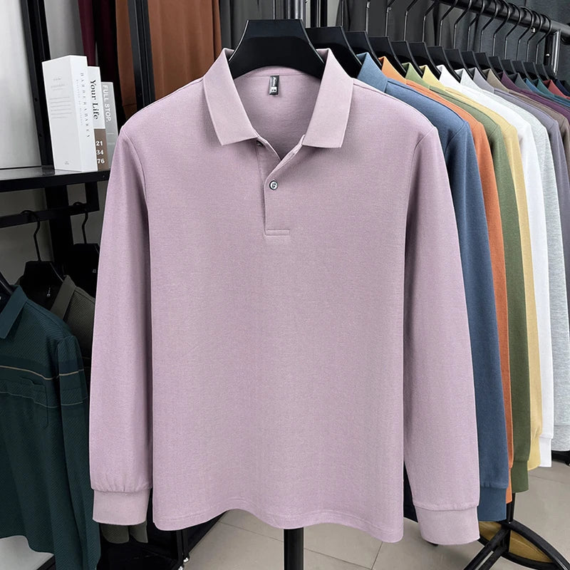 100%pure cotton autumn winter men's high-end designer fashionable long sleeved boutique button casual comfortable polo shirt top