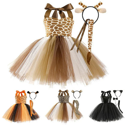 Cute Leopard Tiger Cat Giraffe Tutu Dress For Girls Halloween Animal Cosplay Costume Outfit Kids Christmas Carnival Party Dress