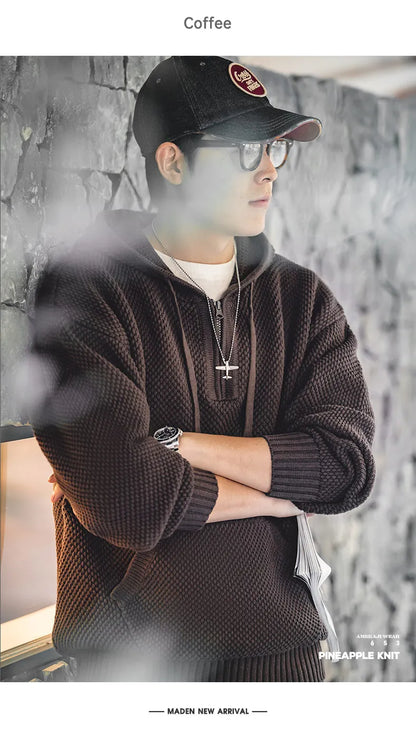 Casual Knit Sweater Half-zip Basics Hoodies for Men Autumn Winter Fashion Brand Pullovers Warm Hooded Sweatshirt Tops