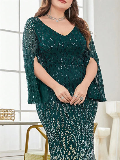 Vestido de Festa Elegante Plus Size com Lantejoulas Preto 2025 Feminino Formal Maxi Baile Mangas Compridas Festa Luxuoso Coquetel