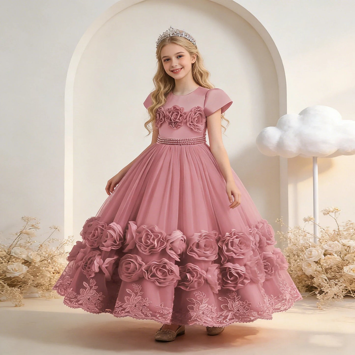Summer Flower Bridemaids Party Girl Dresses Elegant Wedding Birthday Princess Prom Dress for Girls Bow Evening Christmas Costume