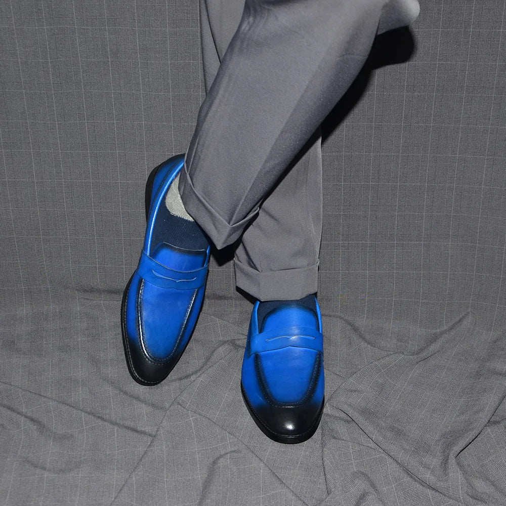 Luxury Brand Slip-On Men's Dress Shoes Genuine Leather Italian Penny Loafers Brown Blue Black Wedding Party Formal Footwear Male