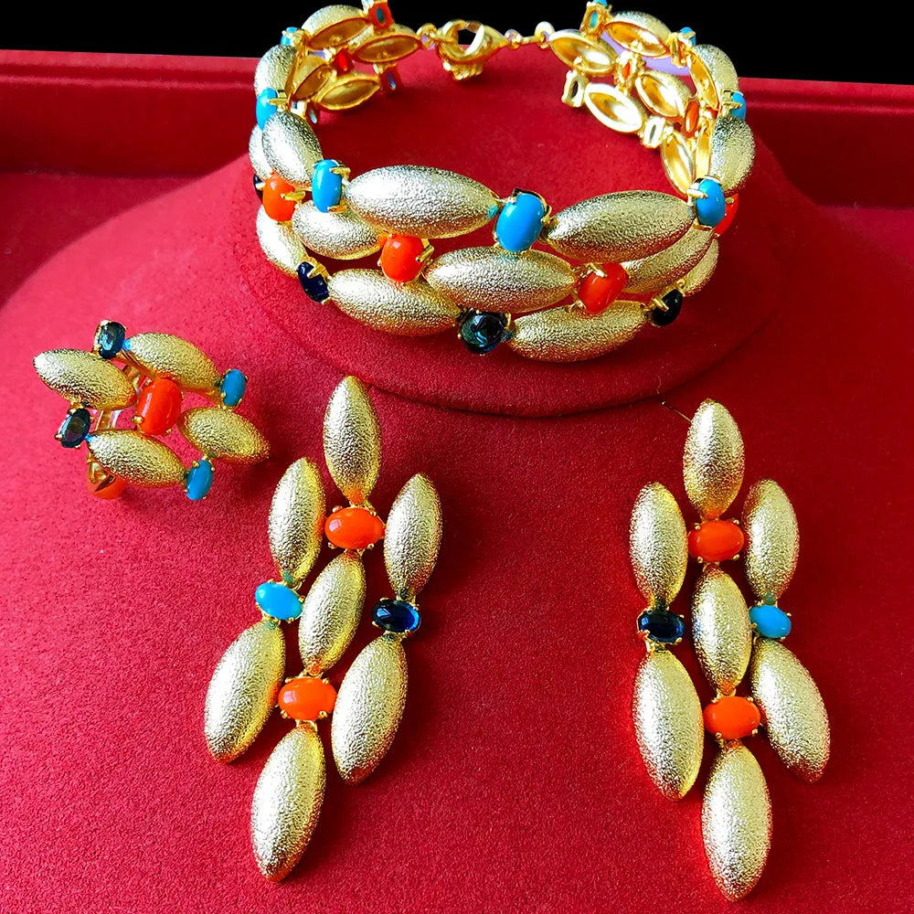 Luxury African Bangle Ring Sets Fashion Dubai Bridal Jewelry Sets For Women Wedding brincos para as mulheres 2024
