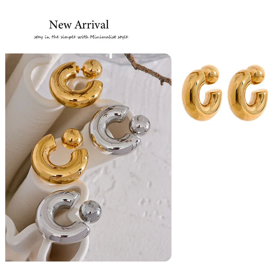 Stainless Steel C Shape Round Chunky Unusual Earrings Jewelry Waterproof Metal Texture Attractive Women Accessories Gift