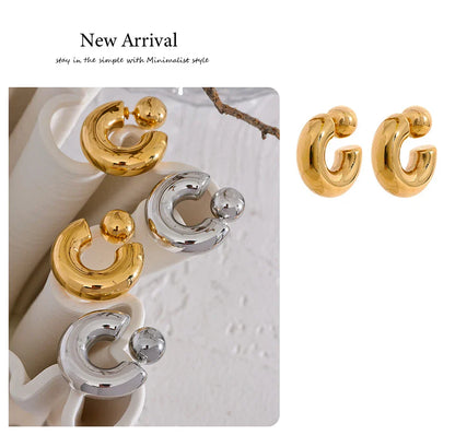 Stainless Steel C Shape Round Chunky Unusual Earrings Jewelry Waterproof Metal Texture Attractive Women Accessories Gift