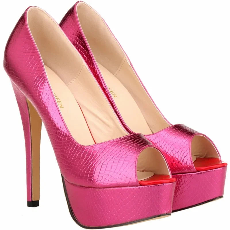 Women Sandals Sexy Pumps Patent Leather Platform Crocodile Pattern 14cm High Heels Peep Toe Stilettos Party Dress Wedding Shoes