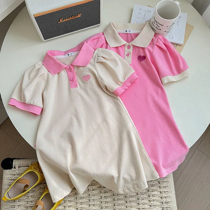 2026 Summer Stylish Girls' Polo Shirt Dresses 1-7Y Trendy Embroidered Heart Lapel Dress for Kid's Children's Clothing Outfit